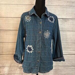 Y2K Dress Barn Denim Jacket Women's Size L Blue Embellished Flowers Crocheted